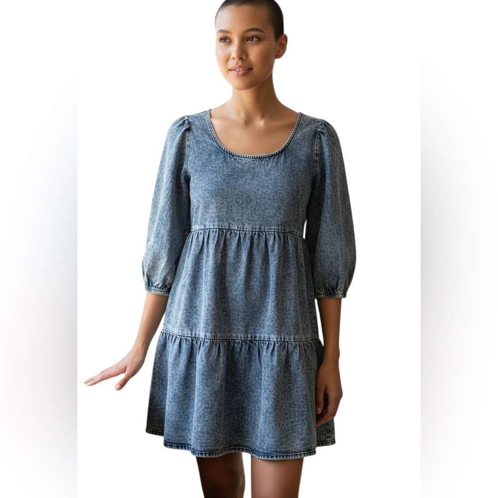 A.N.A. Mini Dress Size XS Blue Stonewashed Chambray Tiered Boho Western